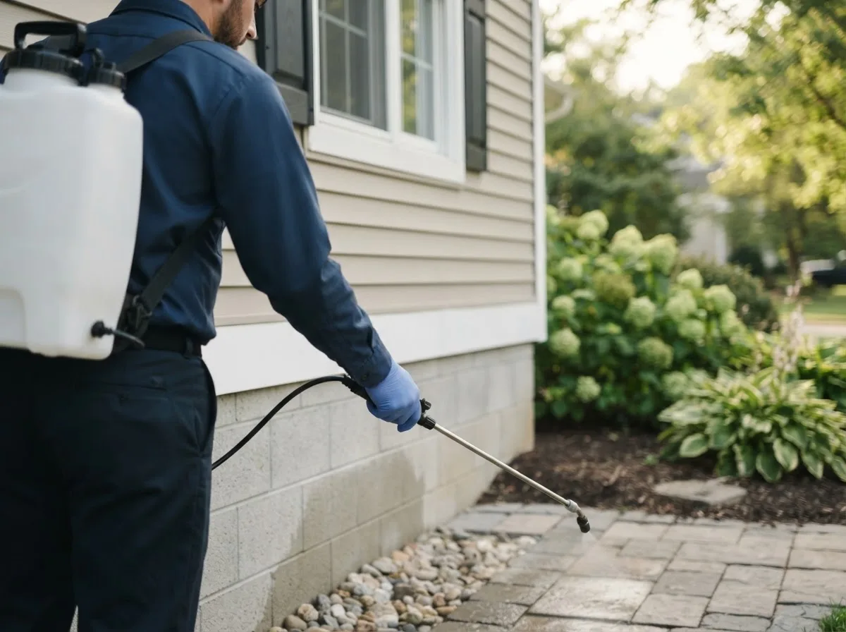 Pest control technician inspecting a home in Kermit, WV